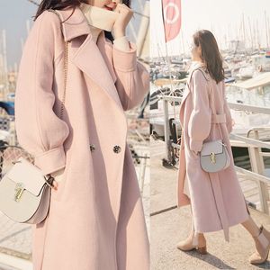 Damesjassen herfst en winter Koreaanse hoogwaardige wollen jas 2023 roze dames klassieke dubbele riem met medium lang 230223