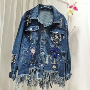 Chaquetas de mujer otoño e invierno sueltas personalizadas decoración de diamantes Irregular Fringe Hem All-match Jacket Tide Denim Mujer