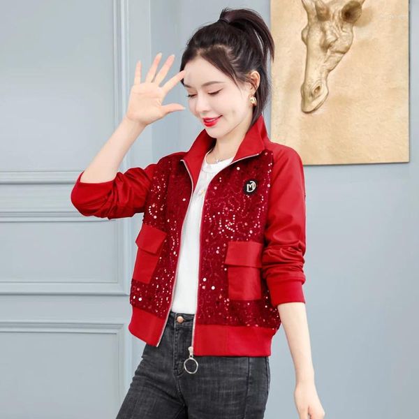 Chaquetas de mujer, abrigos de lentejuelas de otoño e invierno para mujer, Tops con cuello levantado, chaqueta de béisbol roja corta ajustada informal, prendas de vestir 2024