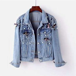 Vestes pour femmes Automne Denim Veste Manteau Femmes Perles Lâche Pardessus Jeans Manteaux De Base Streetwear À Manches Longues Casual Survêtement P688 230731