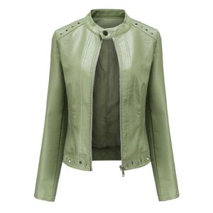 Chaquetas de mujer Otoño Faux Soft Leather Pu Jacket Mujer Abrigo punk de gran tamaño Mujer Turndown Cuello redondo Moto Biker Remache Cremallera Street Outwe