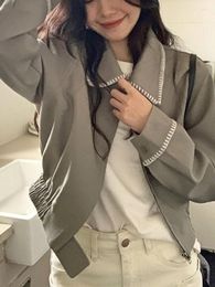 Chaquetas de mujer otoño gris harajuku vintage jacekt mujeres con volantes moda coreana abrigo suelto femenino manga larga casual diseñador abrigo 2023