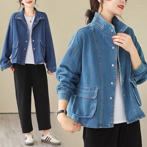 Chaquetas de mujer chaqueta de otoño Casual suelta suave 3D bolsillo azul claro Denim abrigo coreano cuello alto moda Jeans chaqueta Z2815