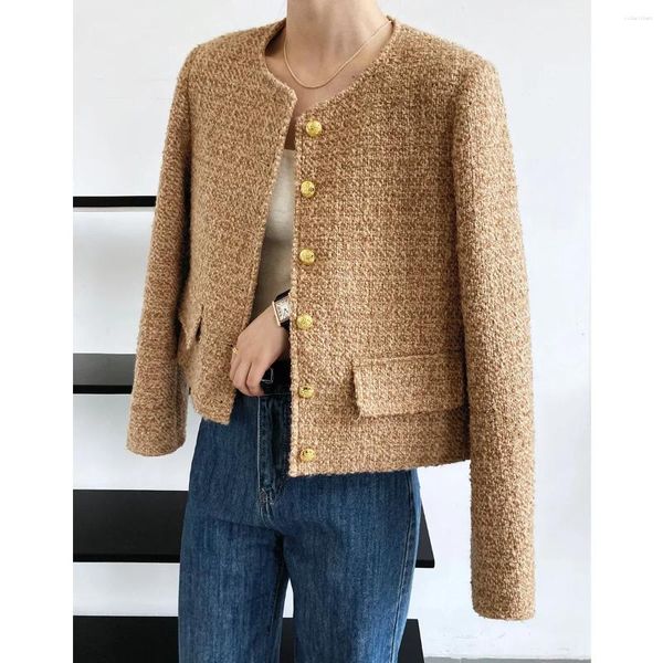 Chaquetas de mujer otoño coreano chaqueta de Tweed para personas mayores moda de lujo celebridad cuello redondo de un solo pecho chaqueta de abrigo corta