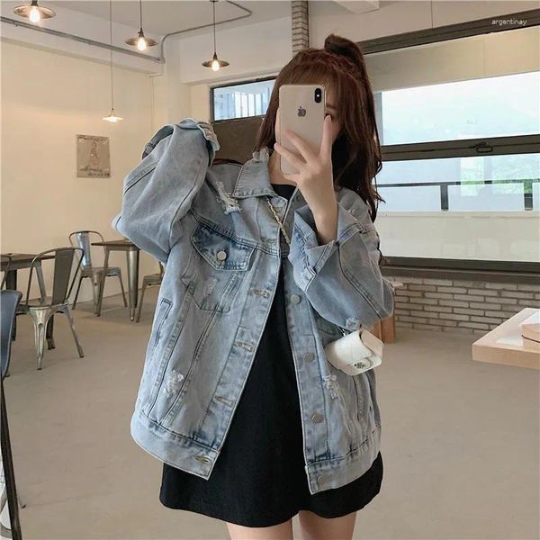 Vestes Femmes Automne Coréen Femmes Light Blue Hole Denim Vêtements d'extérieur Lâche Casual Chaqueta Mujer Revers à manches longues Femme Jeans Veste Basic