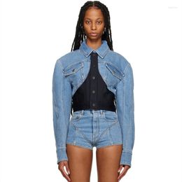 Vestes pour femmes Automne LapeldenimContrast Couleur Stitchingcropped Jacket Coat Y2k Haute Qualité Rétro Slim Denim à simple boutonnage
