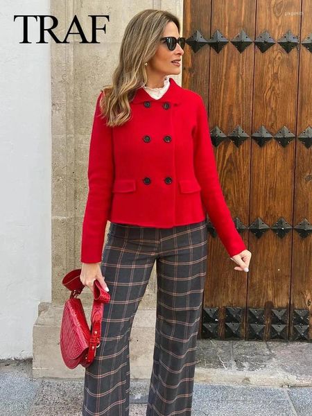Vestes pour femmes automne à manches longues manteau en laine rue Street Wear Pocket Pocket Double-Basted Button Jacket Fashion Red Short