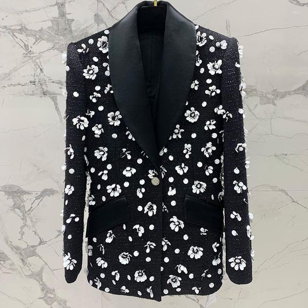 Vestes Femmes Automne Runway 3D Perle Floral Broderie Veste Femmes Vintage Revers À Manches Longues Bouton Unique Outwear Bureau De Haute Qualité