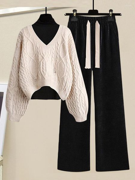 Chaquetas de mujer Otoño Invierno Conjuntos de 3 piezas para mujeres Trajes Coreano Casual Básico Top Hollow Out Suéter de punto Cordón Pantalón Paño