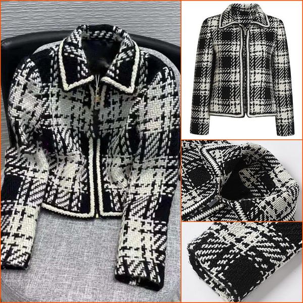 Chaquetas de mujer Otoño Invierno abrigo corto pequeño a cuadros blanco y negro estilo famoso cuello de muñeca un solo pecho fragante femenino