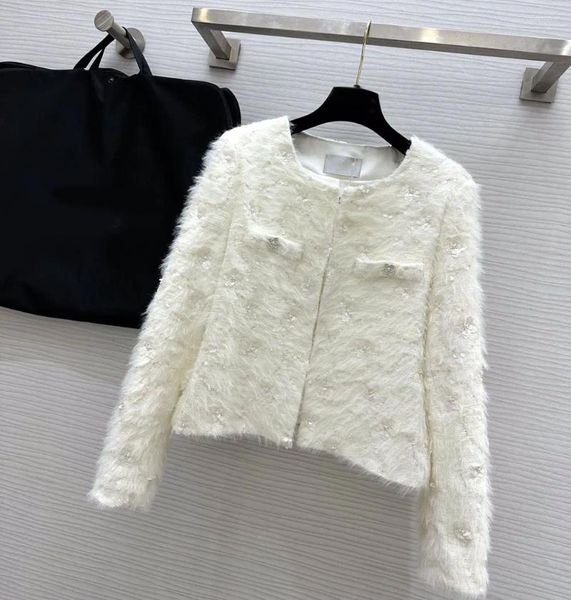 Chaquetas de mujer Otoño Invierno lentejuelas de celebridades abrigos de lana peludos blancos mujeres cuello redondo corto