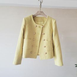 Damesjassen herfst winter mode elegante vintage gele zwarte tweed jas jas dames dames met dubbele borsten