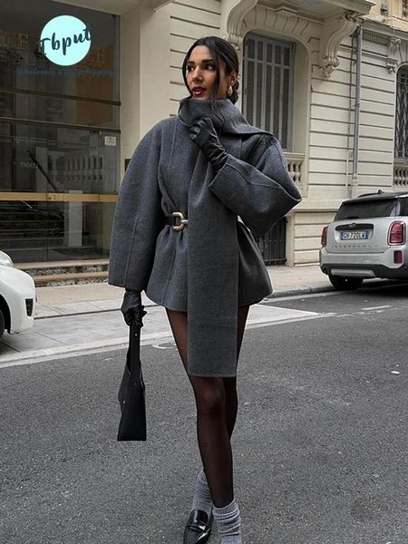 Chaquetas de mujer Otoño Invierno Moda Abrigo de tweed con cinturón gris y cuello de bufanda para damas Elegantes abrigos de cintura alta de manga larga para mujer