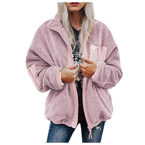 Chaquetas de mujer Otoño Invierno Abrigo de piel sintética Moda Cuello vuelto Casual Cálido Chaqueta con cremallera Felpa Chicas Sueltas Fleece Casaco Outwear