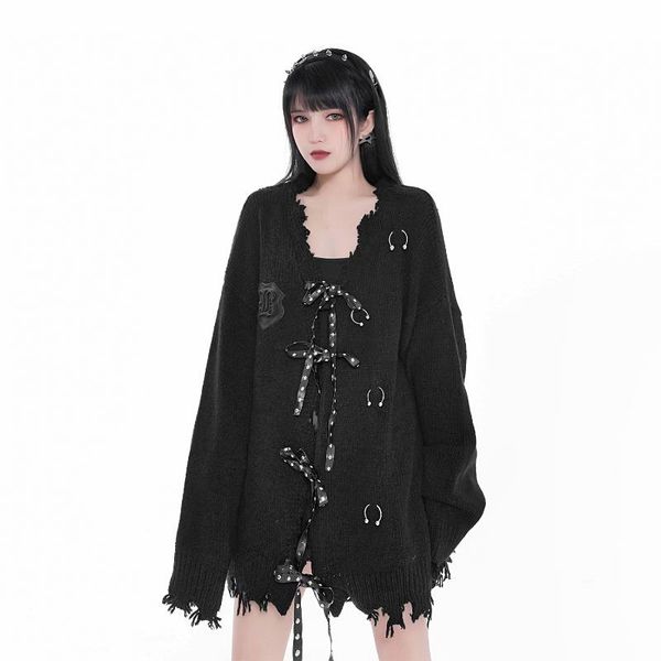 Vestes pour femmes Automne Hiver Harajuku Rock Punk Gothique Rivet En Cuir Sangle Col En V Noir Fille Lâche À Manches Longues Mode Tricot Manteau