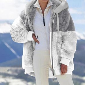 Chaquetas de mujer Otoño Invierno con capucha pulóver abrigos de lana contraste cremalleras gruesas sudadera señoras cálida chaqueta de felpa prendas de vestir exteriores