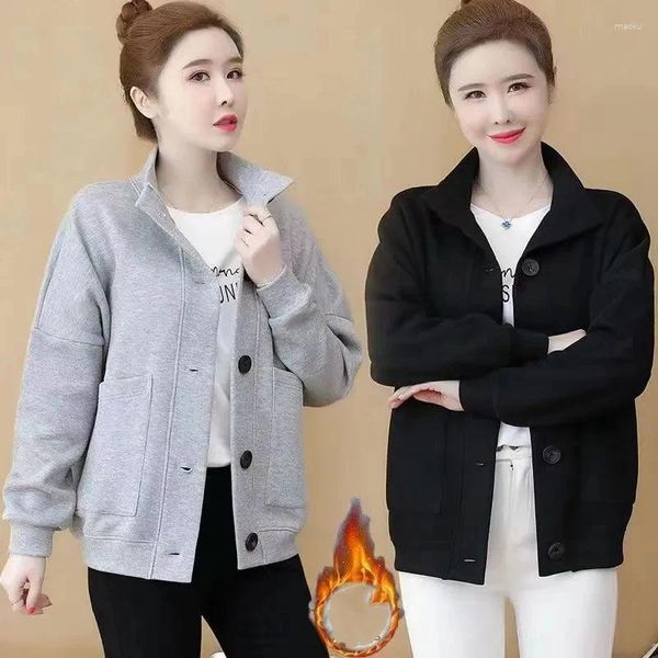 Chaquetas de mujer Otoño Invierno coreano de felpa cálido abrigo Casual de moda de cuello alto de un solo pecho señora suelta chaqueta de Bolsillo grande