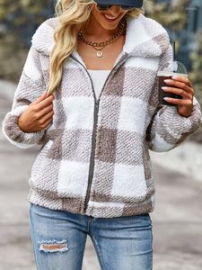 Vestes pour femmes automne hiver Plaid velours polaire épaissi Chic veste femmes revers col pleine manches fermeture éclair manteau