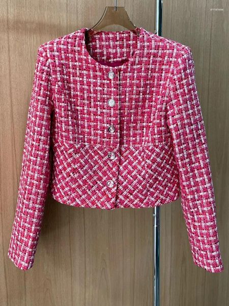 Chaquetas de Mujer Otoño Invierno chaqueta de Tweed a cuadros rojos Tops de Mujer abrigo de una sola botonadura Mujer cuello redondo bolsillo Slim Ladies Chaquetas Mujer