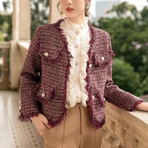 Vestes pour femmes automne hiver rouge court manteau en Tweed veste épaissir manteau de finition Vintage boutonné vêtements d'extérieur 2023