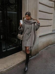 Vestes pour femmes automne hiver col écharpe manteaux chauds mode poches à poitrine unique mi-longueur femme casual lâche streetwear