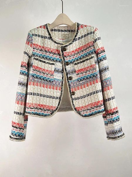 Chaquetas De Mujer Otoño Invierno Pequeño Fragante Colorido Hilo Dorado Tejido Tweed Chaqueta Corta Abrigo Mujer Moda Bolsillos Botones Lana Outwear