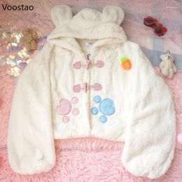 Vestes pour femmes automne hiver sweet lolita manteaux japonais filles kawaii chauds moelleux caricatures oreilles à capuche femme décontractée