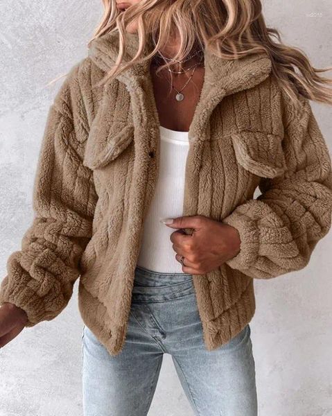 Chaquetas de mujer Otoño Invierno Vintage felpa cálida mujer abrigo Casual solapa sólida suelta chaqueta de mujer borrosa femenina botón mullido manga larga