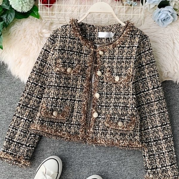 Chaquetas de mujer Otoño Invierno Vintage Tweed Chaqueta Abrigo Mujer Pequeña Fragancia Patchwork Coreano Lana Recortada Abrigos Elegante Ropa exterior corta 220929