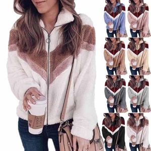 Damesjassen herfst Winter Warm Warm Dameskleding los 5xl Big Plus Size pluche hoodie Zipper Patchwork Wollen Ladies Coats and Women