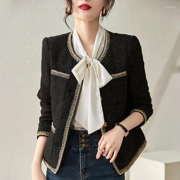 Chaquetas de mujer Otoño Invierno mujer negro blanco manga larga abrigos elegantes para mujer Vintage 30% lana Tweed mujer chaqueta Slim traje abrigo