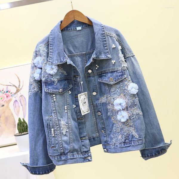 Chaquetas de mujer Otoño Mujeres Denim Chaqueta Abrigos Bordado Tridimensional Floral Jeans Rebordear Pearl Ripped Hole Bomber Outerwear