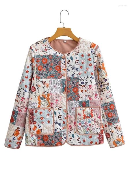 Vestes Femmes Automne Femmes Manches longues O Cou Patchwork Floral Imprimer Veste matelassée Manteau