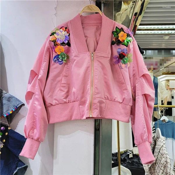 Chaquetas de mujer Otoño Mujeres Flor tridimensional Abrigo de béisbol corto con cuello en V Manga de murciélago Rosa Azul Ejército Verde Chaqueta de bombardero casual