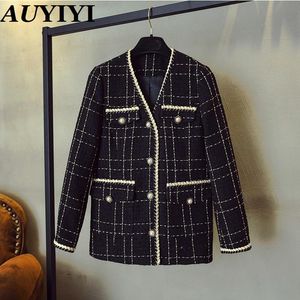 Damesjassen Auyiyi Luxe Designer Merk Wol Mengsels Jas Voor Dames Mode Zwart Vintage V-hals Plaid Wide Taille Tweed S-XXL