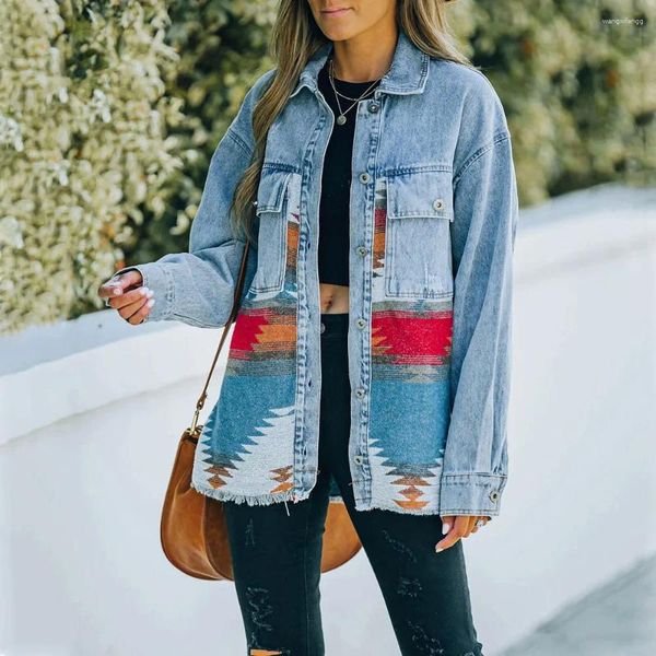 Chaquetas de mujer Azteca Solapa Bolsillo Denim Empalmado Chaqueta de Lana Abrigo Retro Patrón Manga Larga Casual Tops 2024 Otoño