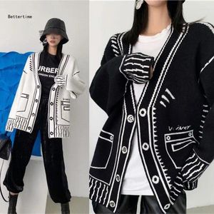 Damesjassen b36d dames y2k print trui vest v-hals knop oversized brearwear jas