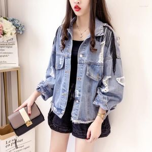 Vestes pour femmes Retour Harajuku Brodé Fusées Paillettes Femmes Denim Perles Gland Trou Déchiré Patchs À Manches Longues Femme Lâche Manteaux