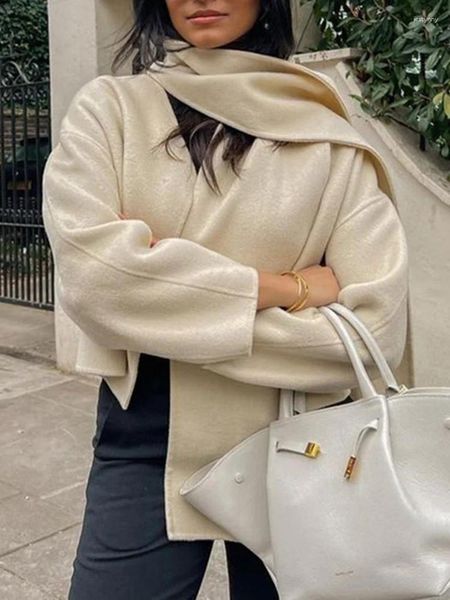 Vestes pour femmes beige en laine veste femme élégante manteau court mode avec écharpe féminin hivernal décontracté en vrac cardigan à manches longues