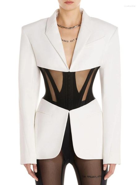 Chaquetas de mujer BEVENCCEL 2023 Use negro blanco sexy malla empalme corsé detalles traje chaqueta blazer de alta calidad