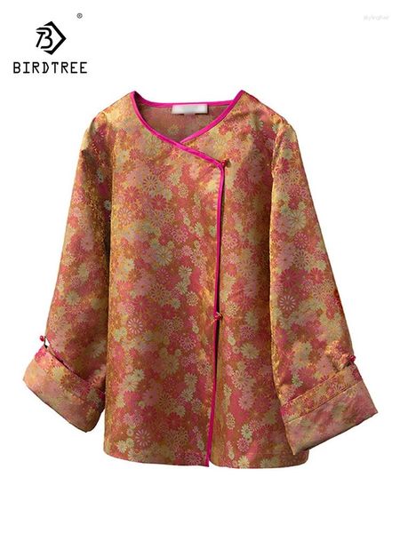 Vestes pour femmes Birdtree Real Silk Song Brocade Brocade For Women Long Manche O Col Jacquard Retro Chinese Style Cardigan 2024 Spring C43625QC