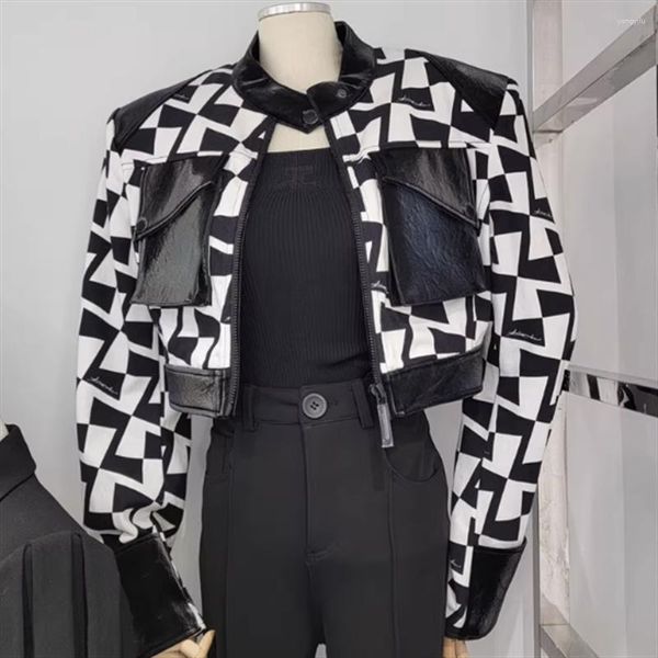 Vestes Femmes Noir et Blanc Plaid Épissé Manteau Court Femmes 2023 Printemps Pu Veste Filles Top Poche Moto