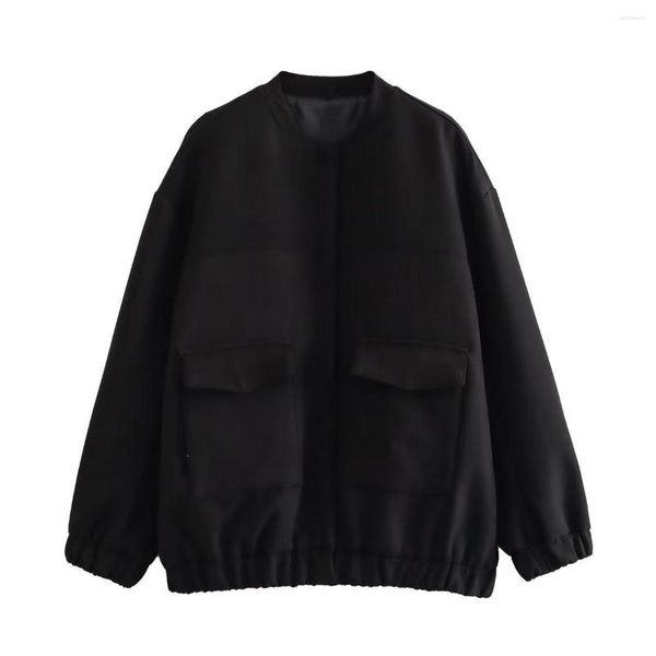 Chaquetas de mujer, chaqueta negra con bolsillos grandes, moda elegante para mujer, bombardero de gran tamaño, abrigo de calle, Top, ropa femenina 2023
