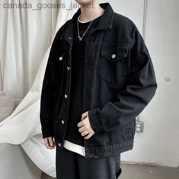 Vestes pour femmes Denim noir veste courte hommes col rabattu Bomber veste jean manteaux poches décontractées salopette Streetwear homme vêtements d'extérieur L231208