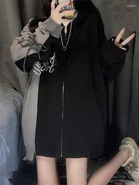 Vestes pour femmes Noir Gris Patchwork Zipper Hood Tie Corde Harajuku Esthétique Vêtements Casual College Style Automne Sweat-shirt Veste