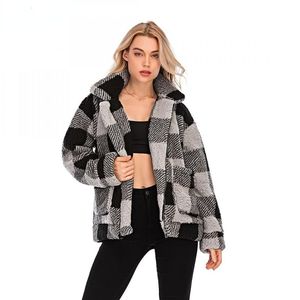 Chaquetas de mujer Negro Plaid Mujeres Teddy Abrigo 2022 Invierno Cálido Faux Chaqueta de piel con cremallera Peluche Grueso Casual Casual Talla grande Cordero Abrigo