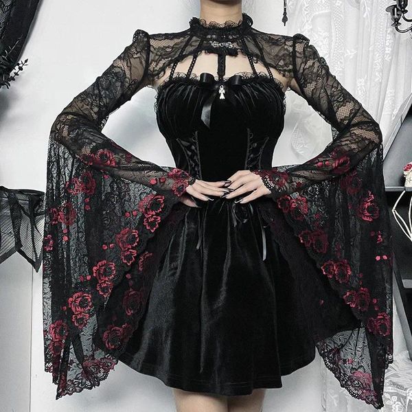 Vestes pour femmes Motif floral rouge noir Voir à travers la dentelle Manches évasées Courtes Vêtements gothiques sombres Femmes Veste victorienne Vintage Steampunk