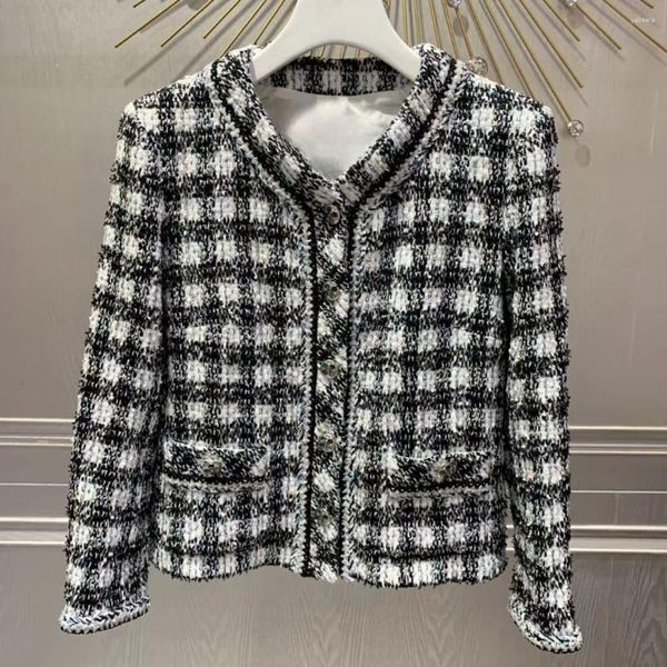 Chaquetas de mujer Chaqueta de tweed a cuadros en blanco y azul negro Top de lana corto informal con cuello en V