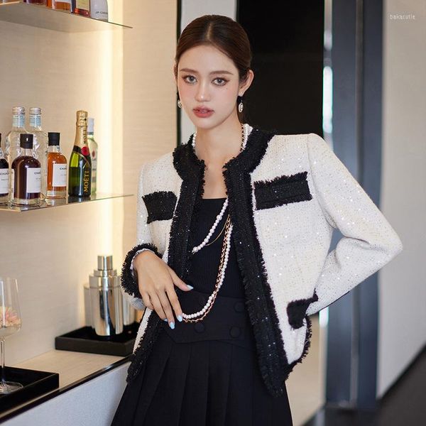 Vestes pour femmes Couleur de contraste blanc noir paillettes Tweed rétro rétro formel de bonne qualité Lady Casual Office Coat Vêtements