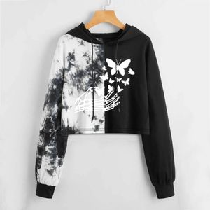 Vestes Femmes Noir Blanc Tie Dye Imprimer Femmes Sweats à capuche Streetwear Coréen Teen Girls Crop Top Pull Blouse Harajuku Vêtements Sudaderas 231012